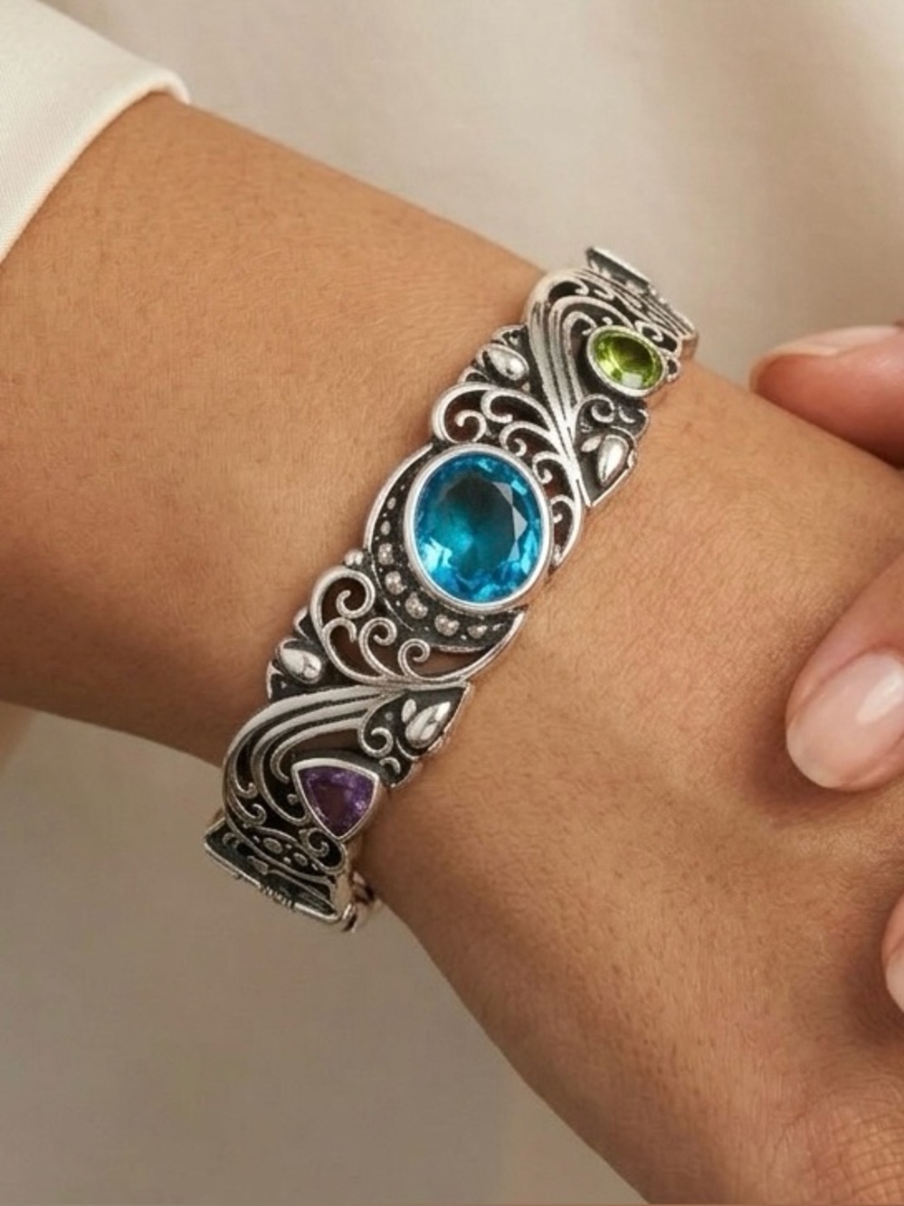 Silver Cuff Bracelet with Blue and Green Gemstones